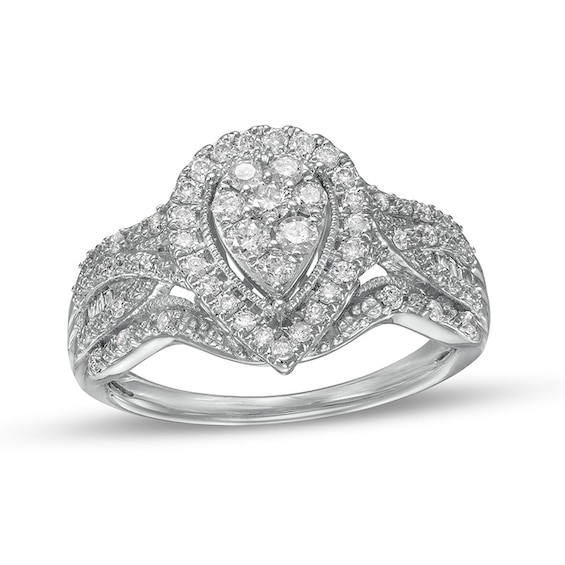 Previously Owned - 1/2 CT. T.w. Composite Pear-Shaped Diamond Frame Vintage-Style Engagement Ring in 10K White Gold