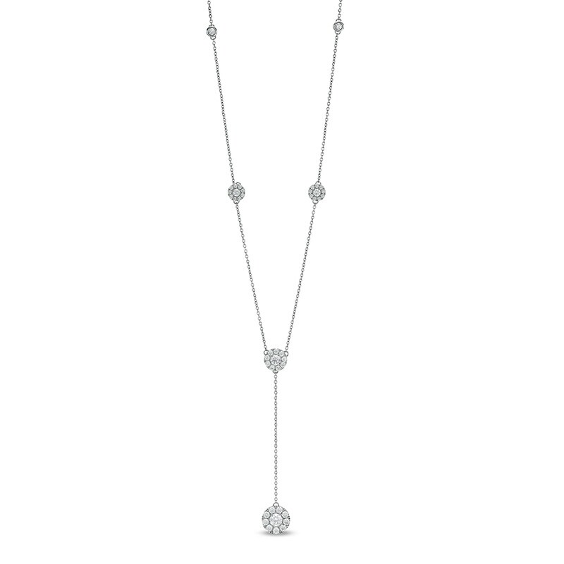 Main Image 1 of Previously Owned - 1 CT. T.W. Multi-Diamond Diamond Station &quot;Y&quot; Necklace in 10K White Gold – 19.5&quot;