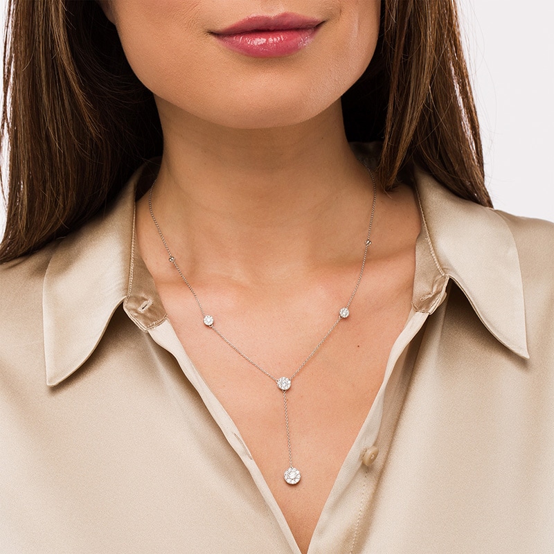 Main Image 2 of Previously Owned - 1 CT. T.W. Multi-Diamond Diamond Station &quot;Y&quot; Necklace in 10K White Gold – 19.5&quot;