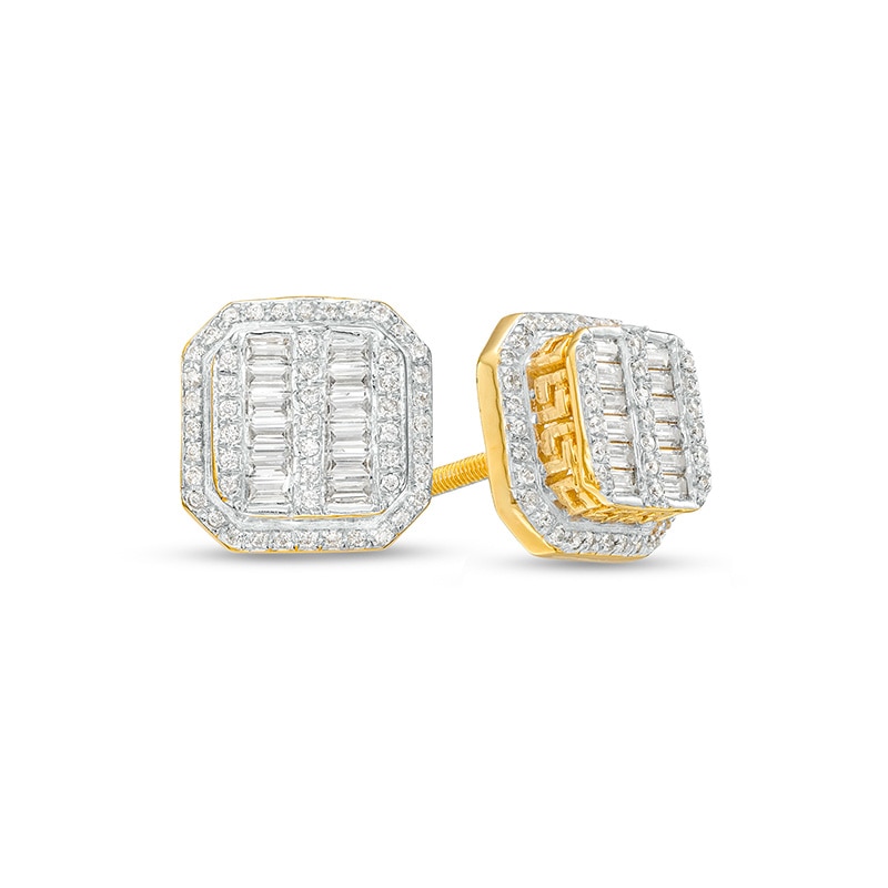 Main Image 1 of Previously Owned - 1/2 CT. T.W. Baguette and Round Multi-Diamond Octagonal Frame Stud Earrings in 10K Gold