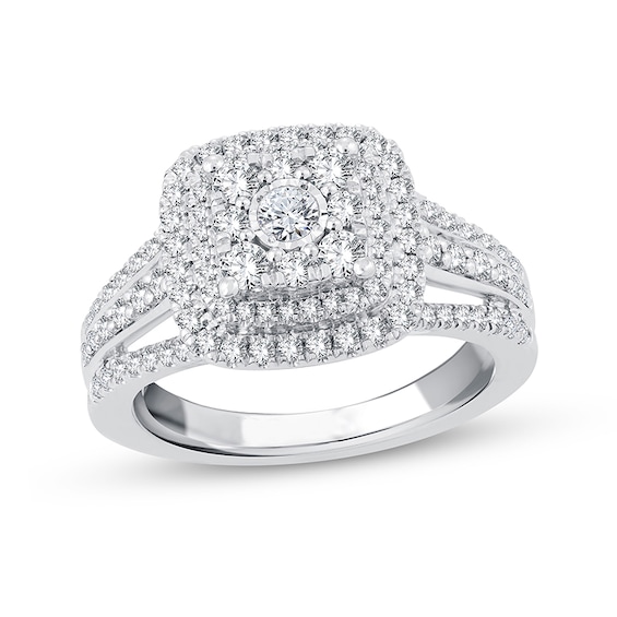 Previously Owned - 1 CT. T.w. Cushion-Shaped Multi-Diamond Double Frame Triple Row Engagement Ring in 14K White Gold