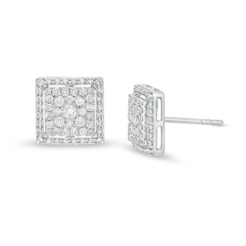 Main Image 1 of Previously Owned - 1/2 CT. T.W. Multi-Diamond Square Frame Stud Earrings in 10K White Gold