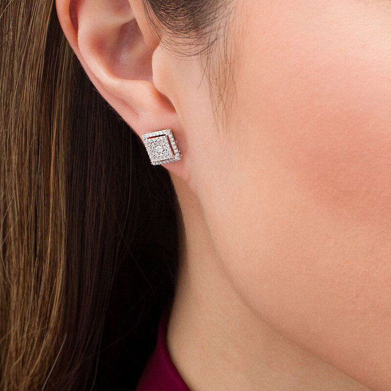 Main Image 2 of Previously Owned - 1/2 CT. T.W. Multi-Diamond Square Frame Stud Earrings in 10K White Gold