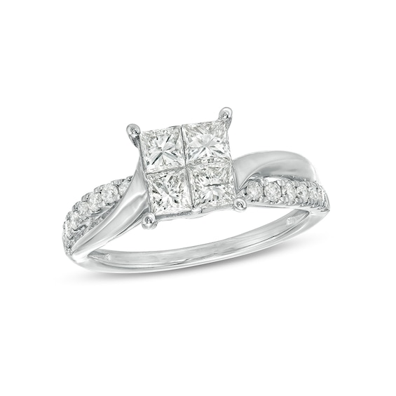 Previously Owned - 1 CT. T.w. Princess-Cut Quad Diamond Twist Shank Engagement Ring in 14K White Gold
