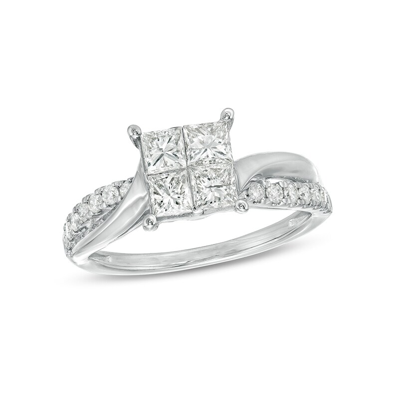 Main Image 1 of Previously Owned - 1 CT. T.W. Princess-Cut Quad Diamond Twist Shank Engagement Ring in 14K White Gold
