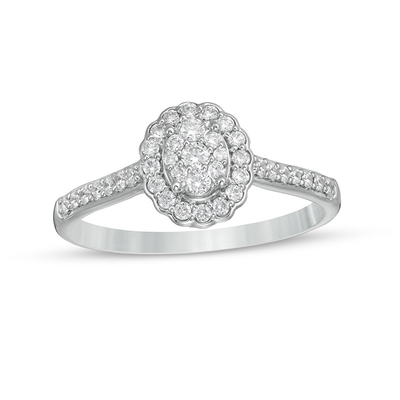 Main Image 1 of Previously Owned - 1/3 CT. T.W. Composite Oval Diamond Scallop Frame Engagement Ring in 10K White Gold