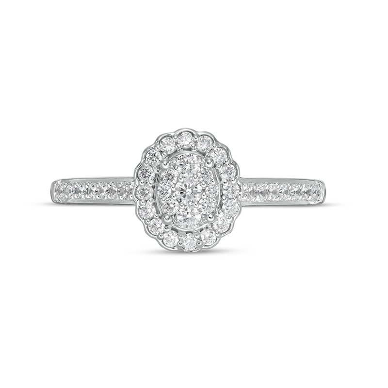 Main Image 4 of Previously Owned - 1/3 CT. T.W. Composite Oval Diamond Scallop Frame Engagement Ring in 10K White Gold