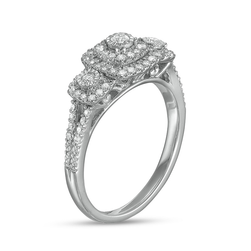 Main Image 3 of Previously Owned - 1/2 CT. T.W. Diamond Cushion Frame Past Present Future® Engagement Ring in 10K White Gold