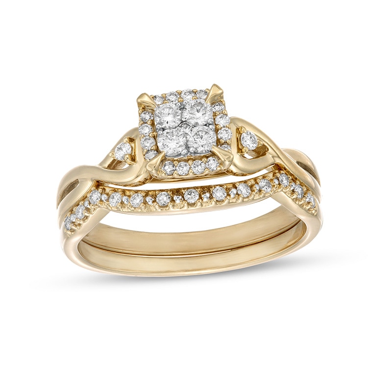 Main Image 1 of Previously Owned - 1/3 CT. T.W. Quad Diamond Cushion-Shaped Frame Twist Shank Bridal Set in 10K Gold