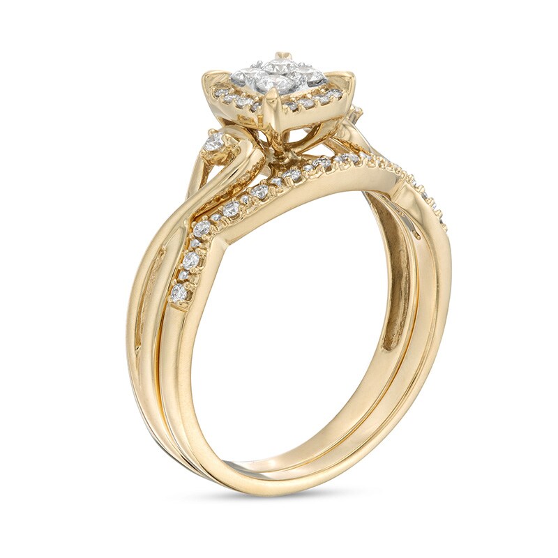 Main Image 3 of Previously Owned - 1/3 CT. T.W. Quad Diamond Cushion-Shaped Frame Twist Shank Bridal Set in 10K Gold