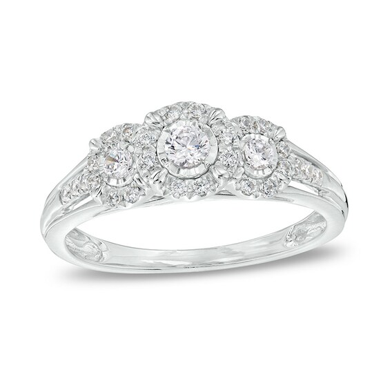 Previously Owned - 1/4 CT. T.w. Diamond Past Present FutureÂ® Frame Split Shank Engagement Ring in 10K White Gold