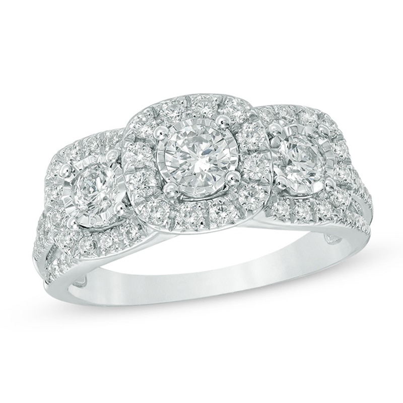 Main Image 1 of Previously Owned - 1 CT. T. W. Diamond Past Present Future® Cushion Frame Ring in 14K White Gold