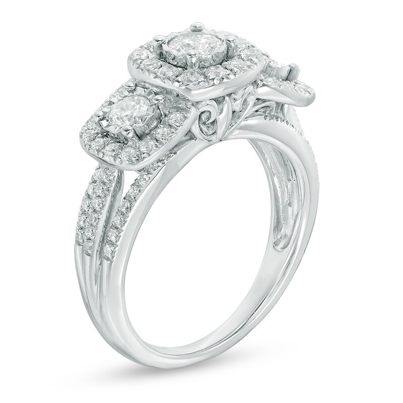 Main Image 2 of Previously Owned - 1 CT. T. W. Diamond Past Present Future® Cushion Frame Ring in 14K White Gold