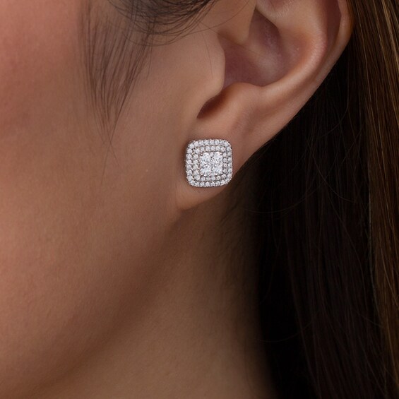 Previously Owned - 1 CT. T.w. Diamond Double Cushion Frame Stud Earrings in 10K White Gold