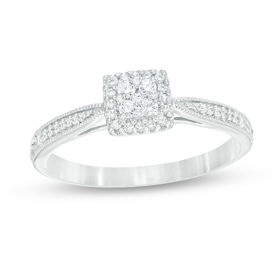 Previously Owned - 1/5 CT. T.w. Composite Diamond Square Pinched Shank Vintage-Style Promise Ring in 10K White Gold
