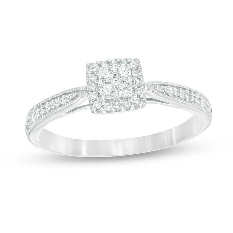 Main Image 1 of Previously Owned - 1/5 CT. T.W. Composite Diamond Square Pinched Shank Vintage-Style Promise Ring in 10K White Gold