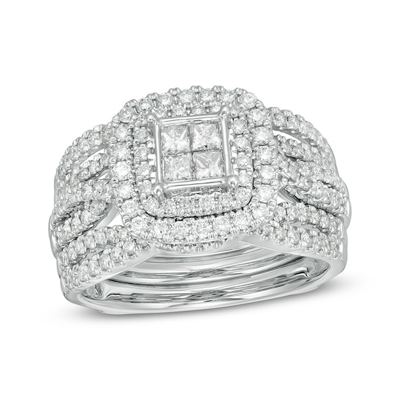 Previously Owned - 1-1/4 CT. T.w. Quad Princess-Cut Diamond Double Cushion Frame Multi-Row Bridal Set in 14K White Gold