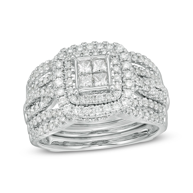 Main Image 1 of Previously Owned - 1-1/4 CT. T.W. Quad Princess-Cut Diamond Double Cushion Frame Multi-Row Bridal Set in 14K White Gold