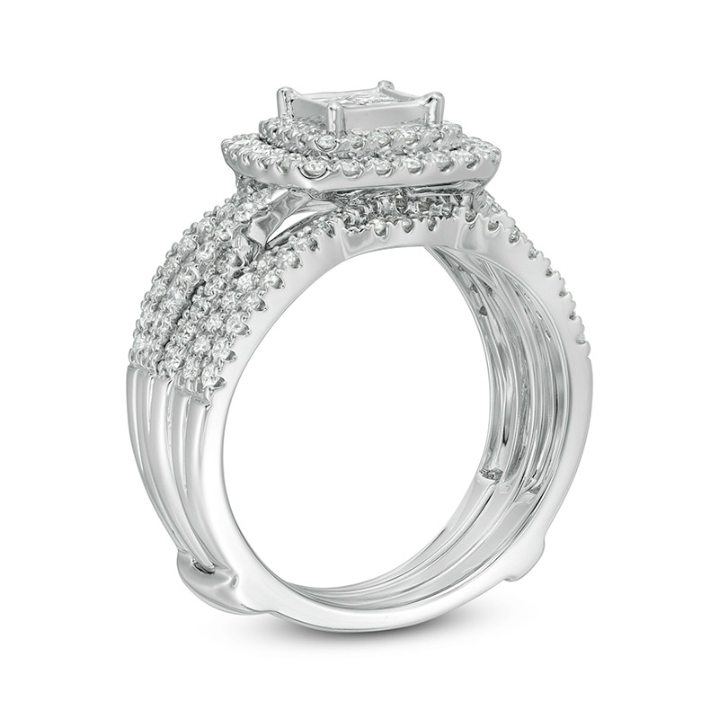 Main Image 2 of Previously Owned - 1-1/4 CT. T.W. Quad Princess-Cut Diamond Double Cushion Frame Multi-Row Bridal Set in 14K White Gold
