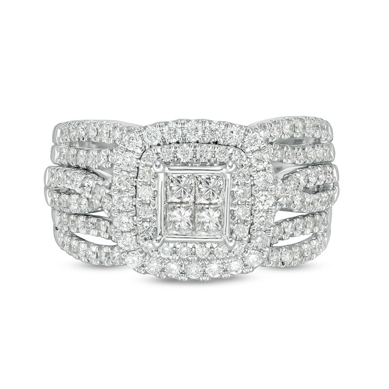 Main Image 3 of Previously Owned - 1-1/4 CT. T.W. Quad Princess-Cut Diamond Double Cushion Frame Multi-Row Bridal Set in 14K White Gold