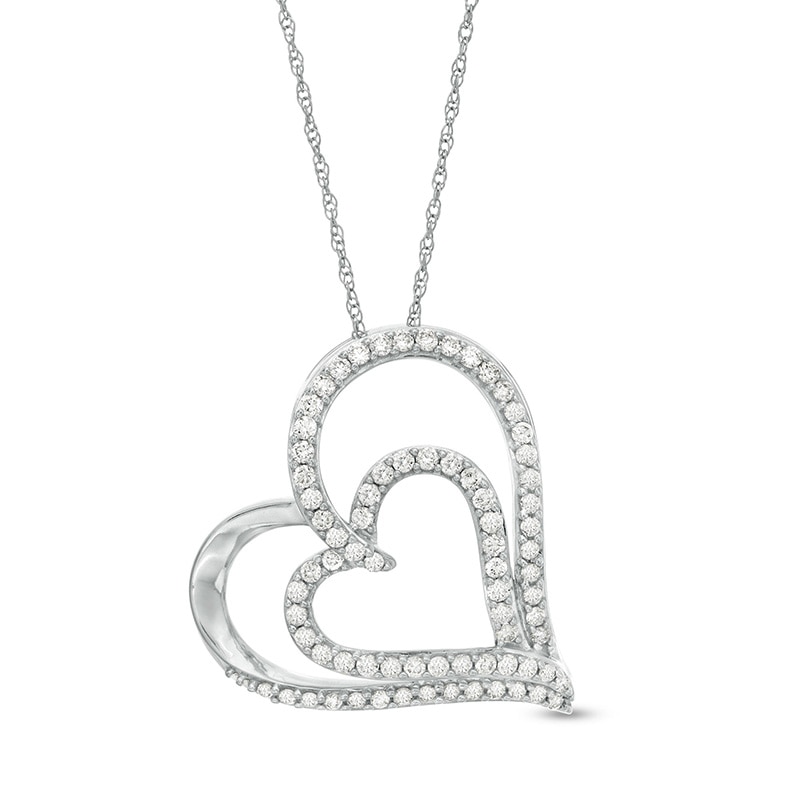 Main Image 1 of Previously Owned - 1/2 CT. T.W. Diamond Double Tilted Heart Pendant in 10K White Gold