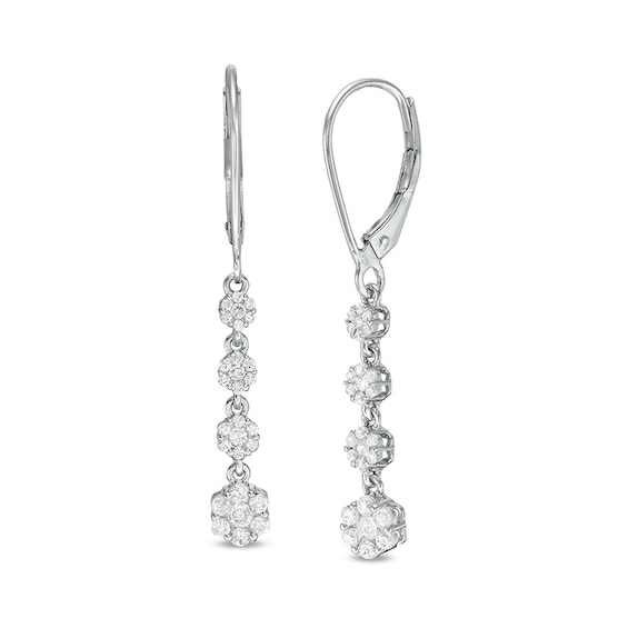 Previously Owned - 1/2 CT. T.w. Multi-Diamond Graduated Flower Dangle Drop Earrings in 10K White Gold