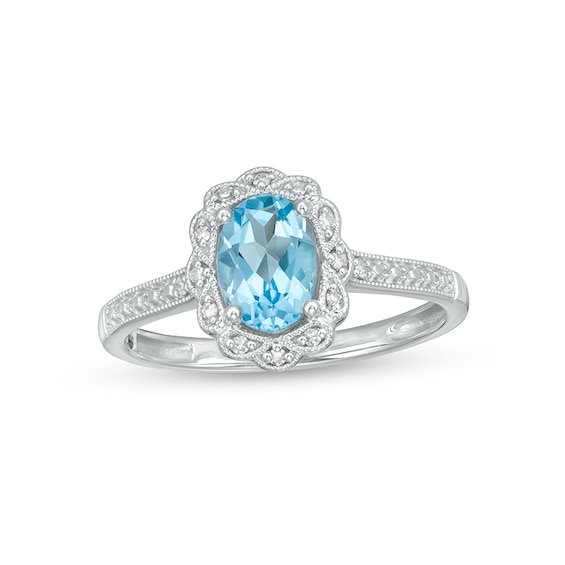 Previously Owned - Swiss Blue Topaz and Diamond Accent Vintage-Style Promise Ring in Sterling Silver