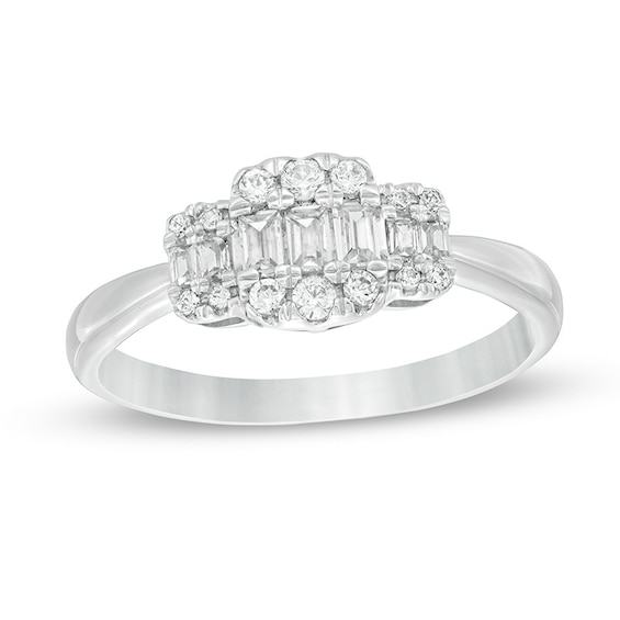 Previously Owned - 1/3 CT. T.w. Baguette and Round Composite Diamond Three Stone Ring in 10K White Gold