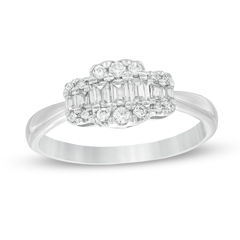 Main Image 1 of Previously Owned - 1/3 CT. T.W. Baguette and Round Composite Diamond Three Stone Ring in 10K White Gold