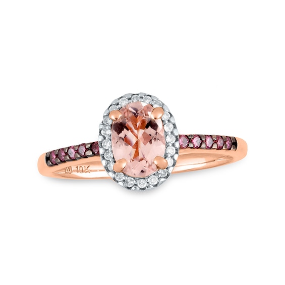 Previously Owned - Oval Morganite, Pink Tourmaline and 1/10 CT. T.w. Diamond Frame Ring in 10K Rose Gold