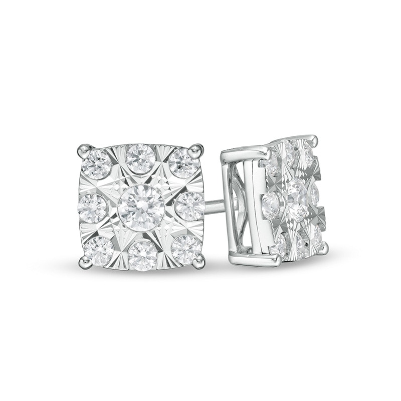 Main Image 1 of Previously Owned - 1/2 CT. T.W. Cushion-Shaped Multi-Diamond Stud Earrings in 10K White Gold
