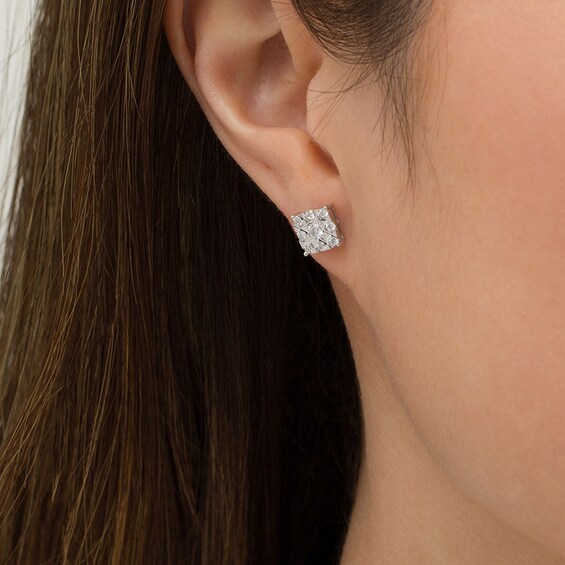 Previously Owned - 1/2 CT. T.w. Cushion-Shaped Multi-Diamond Stud Earrings in 10K White Gold