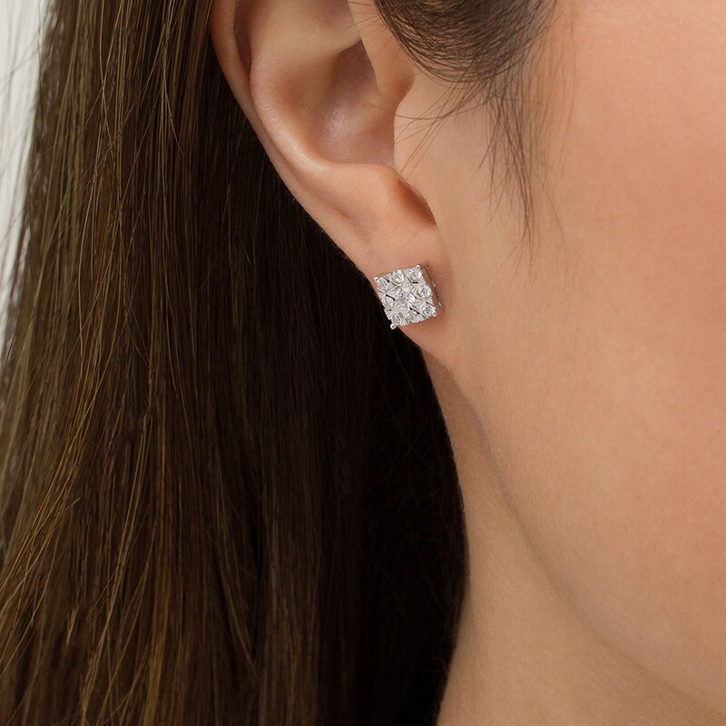 Main Image 2 of Previously Owned - 1/2 CT. T.W. Cushion-Shaped Multi-Diamond Stud Earrings in 10K White Gold