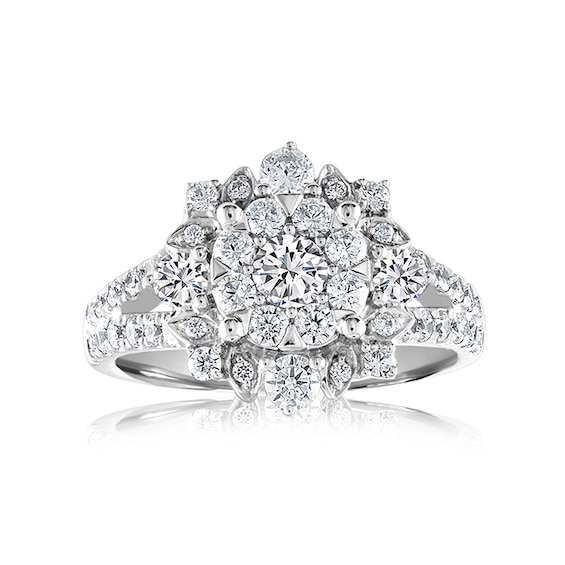 Previously Owned - 1-1/2 CT. T.w. Multi-Diamond Floral Frame Split Shank Engagement Ring in 14K White Gold