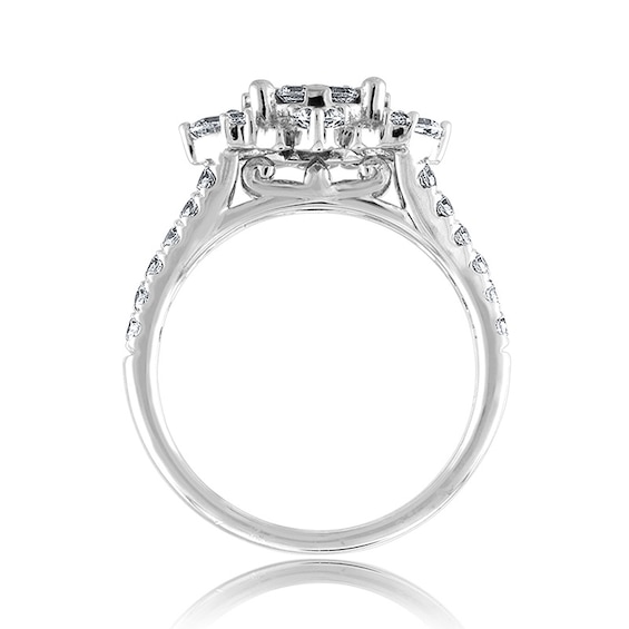 Previously Owned - 1-1/2 CT. T.w. Multi-Diamond Floral Frame Split Shank Engagement Ring in 14K White Gold