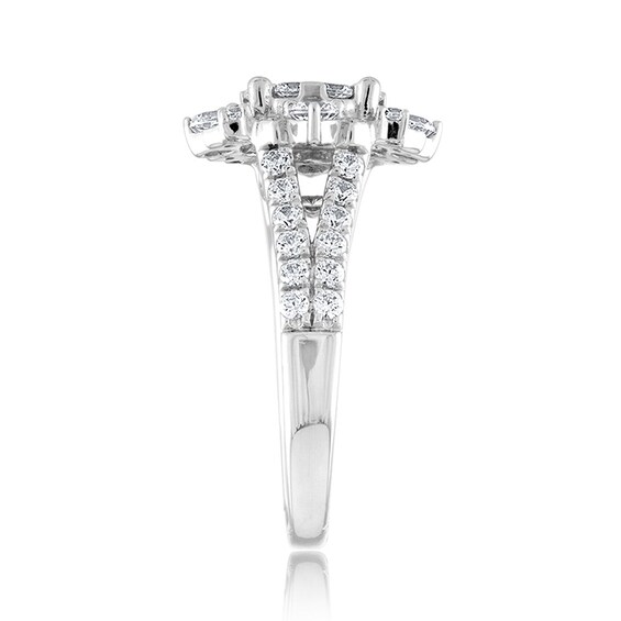 Previously Owned - 1-1/2 CT. T.w. Multi-Diamond Floral Frame Split Shank Engagement Ring in 14K White Gold