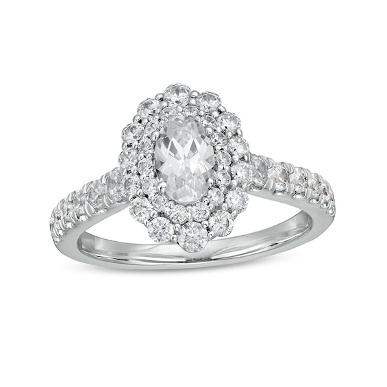 Previously Owned - 1-1/2 CT. T.w. Oval Diamond Double Scallop Frame Engagement Ring in 14K White Gold (I/Si2)