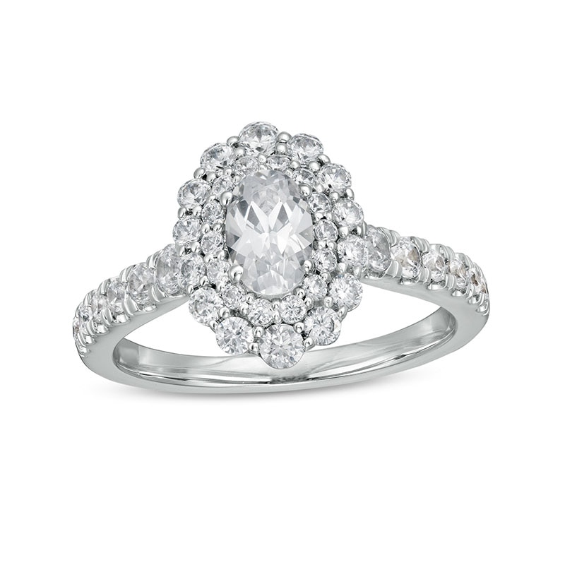 Main Image 1 of Previously Owned - 1-1/2 CT. T.W. Oval Diamond Double Scallop Frame Engagement Ring in 14K White Gold (I/SI2)