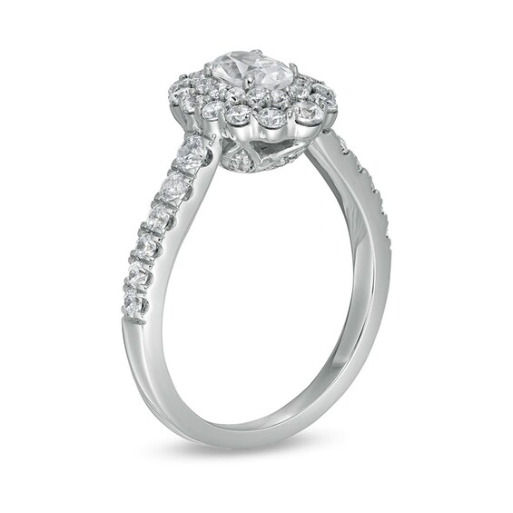 Previously Owned - 1-1/2 CT. T.w. Oval Diamond Double Scallop Frame Engagement Ring in 14K White Gold (I/Si2)