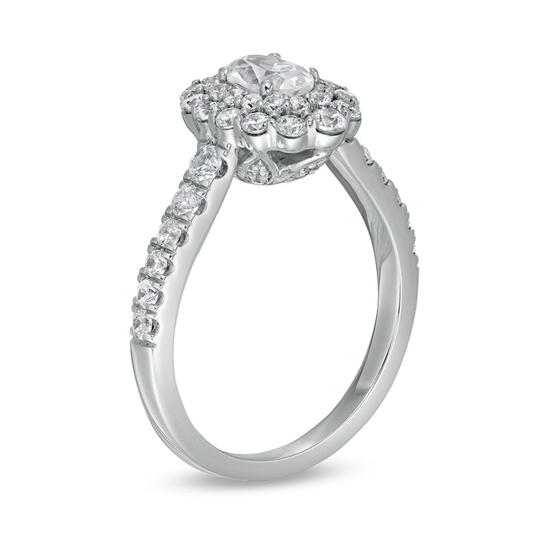 Main Image 3 of Previously Owned - 1-1/2 CT. T.W. Oval Diamond Double Scallop Frame Engagement Ring in 14K White Gold (I/SI2)