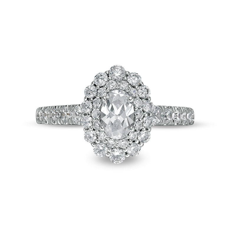 Main Image 4 of Previously Owned - 1-1/2 CT. T.W. Oval Diamond Double Scallop Frame Engagement Ring in 14K White Gold (I/SI2)