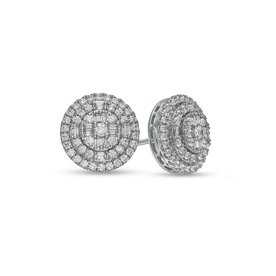Previously Owned - 1 CT. T.w. Baguette Multi-Diamond Double Frame Layered Stud Earrings in 10K White Gold