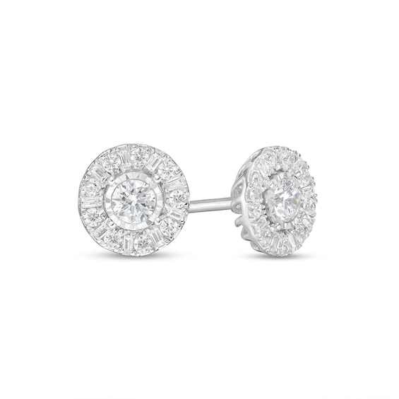 Previously Owned - 1/2 CT. T.w. Baguette and Round Diamond Frame Stud Earrings in 10K White Gold