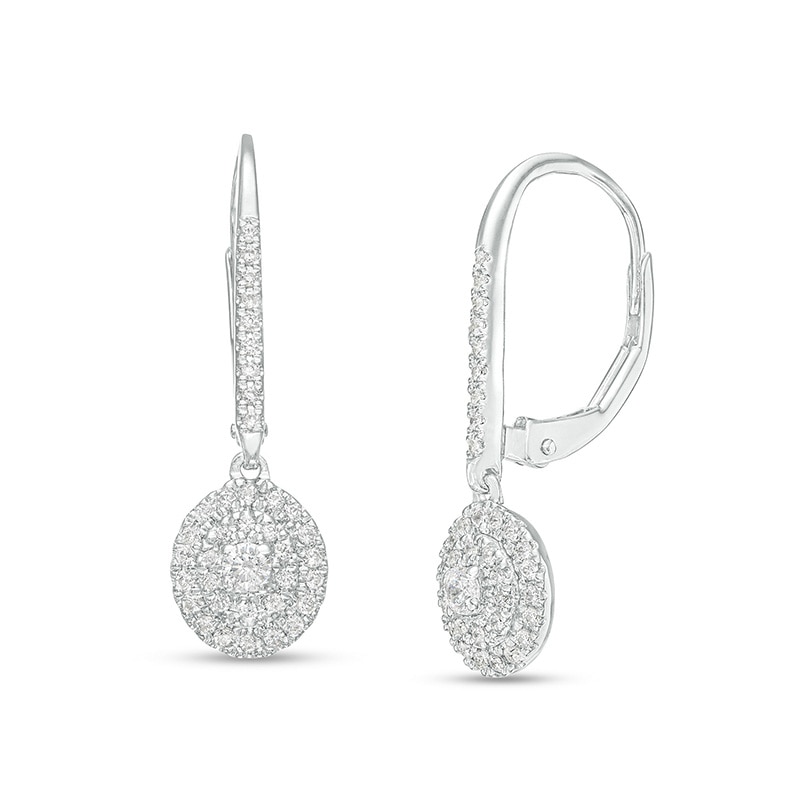 Main Image 1 of Previously Owned - 1/3 CT. T.W. Multi-Diamond Double Frame Oval Drop Earrings in 10K White Gold