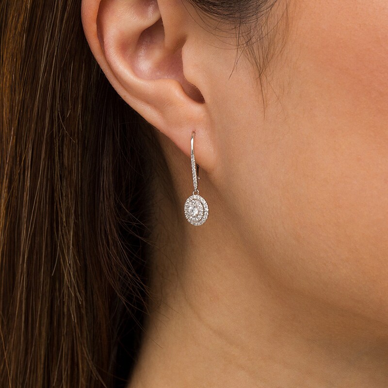 Main Image 2 of Previously Owned - 1/3 CT. T.W. Multi-Diamond Double Frame Oval Drop Earrings in 10K White Gold