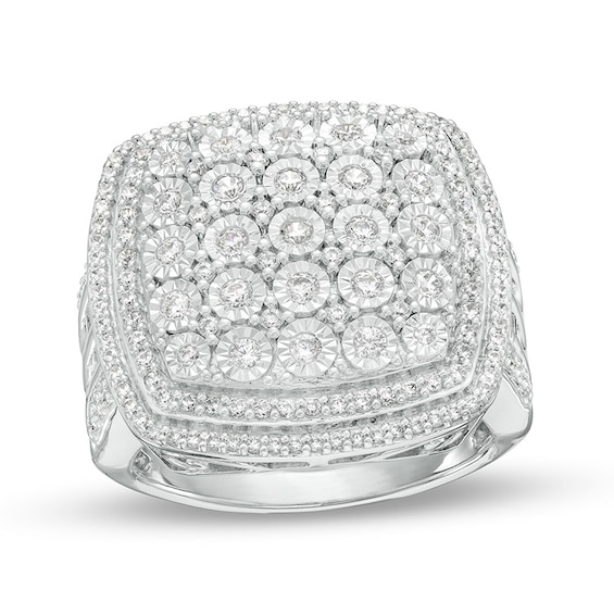 Previously Owned - 1 CT. T.w. Cushion-Shaped Multi-Diamond Double Frame Ring in Sterling Silver