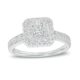 Previously Owned - 1/2 CT. T.W. Princess-Cut Diamond Double Frame Double Row Engagement Ring in 10K White Gold (I/I3)
