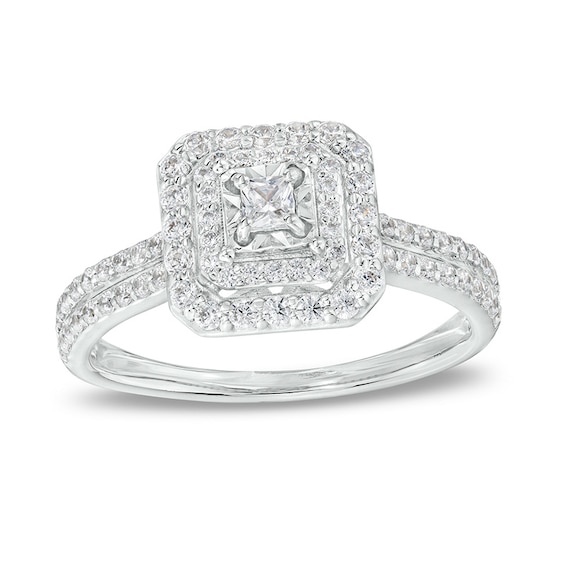 Previously Owned - 1/2 CT. T.w. Princess-Cut Diamond Double Frame Double Row Engagement Ring in 10K White Gold (I/I3)