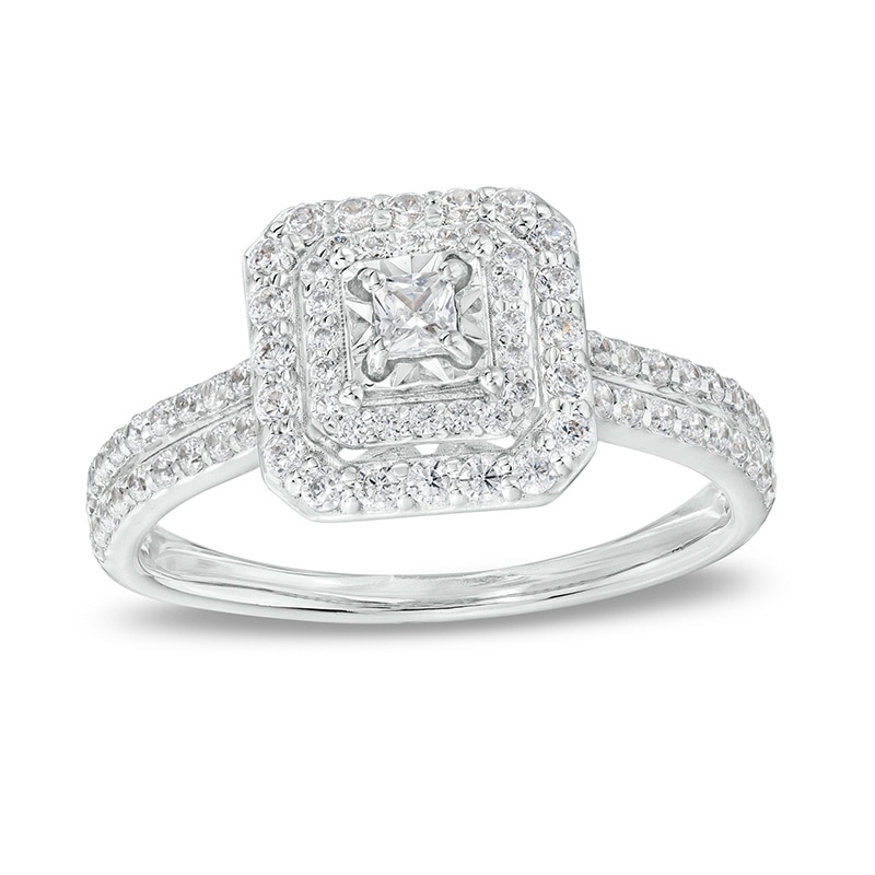 Main Image 1 of Previously Owned - 1/2 CT. T.W. Princess-Cut Diamond Double Frame Double Row Engagement Ring in 10K White Gold (I/I3)