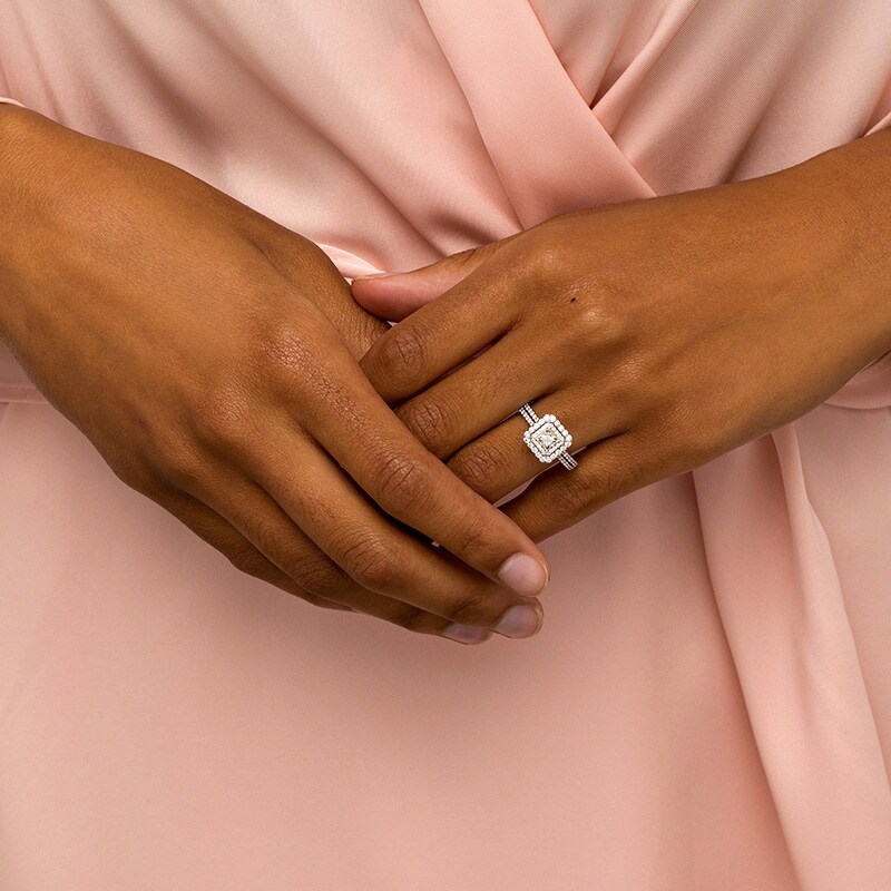Main Image 2 of Previously Owned - 1/2 CT. T.W. Princess-Cut Diamond Double Frame Double Row Engagement Ring in 10K White Gold (I/I3)